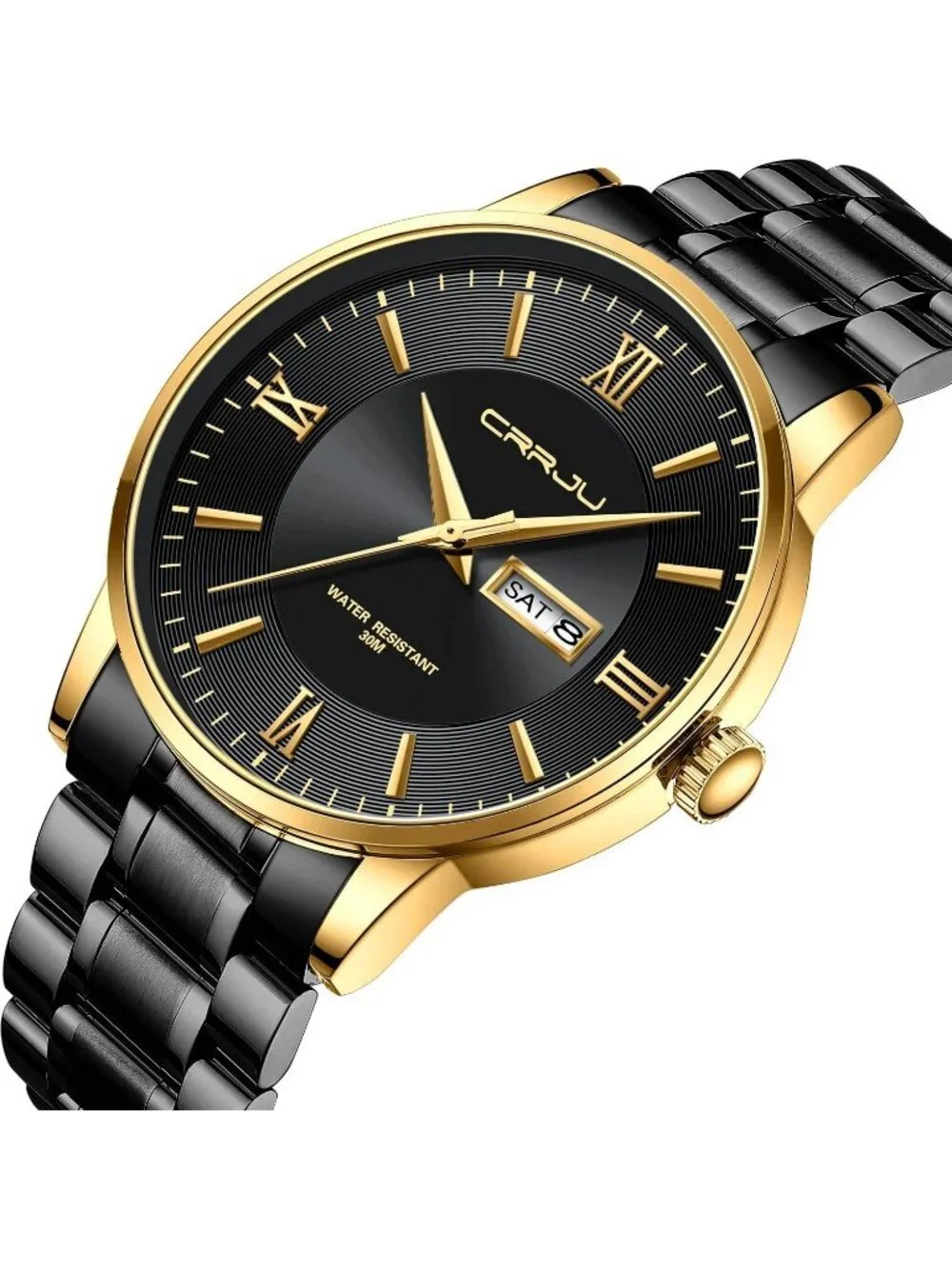 Men's Black Gold Luxury Stainless Steel Chronograph Analog Quartz Round Watch